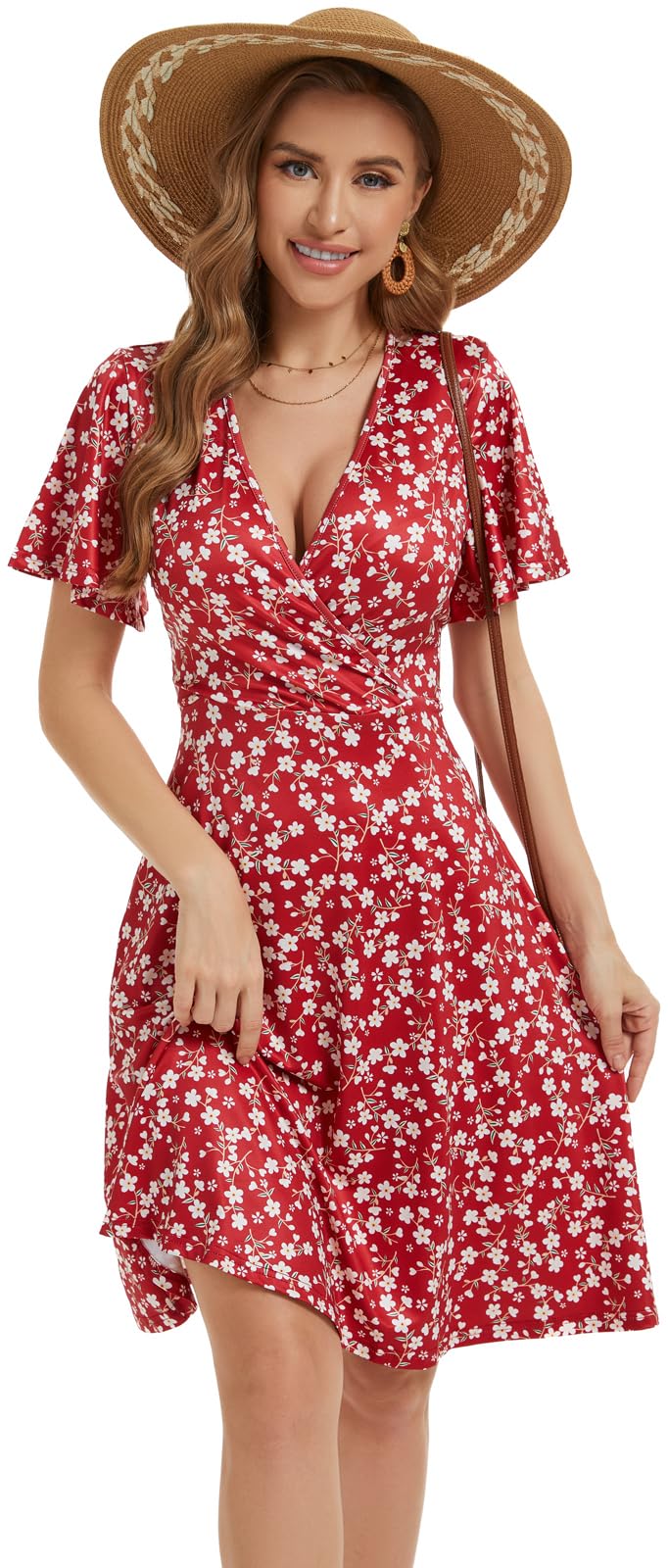 Women Casual Summer Dress 2025 Beach Vacation Floral Sundress Short Sleeve Wrap V-Neck Modest Dresses