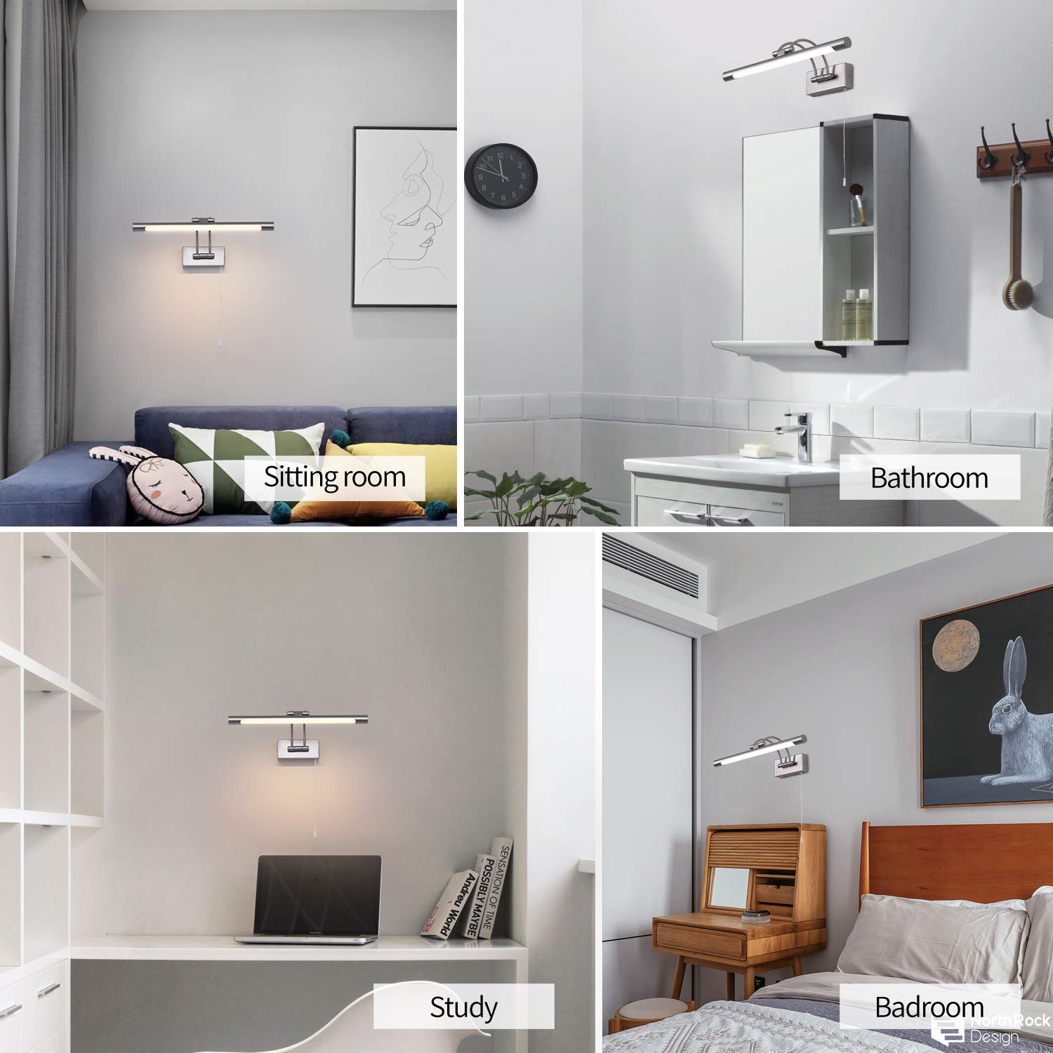 Lámpara LED para Espejo de Baño Níquel 40cm 8W 3000K, Aplique de Pared con Brazo Giratorio e Interruptor, Iluminación para Gabinete
