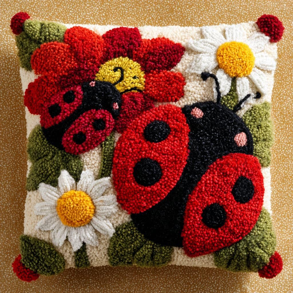 Henypt Latch Hook Cushion Kits Flowers and Ladybugs