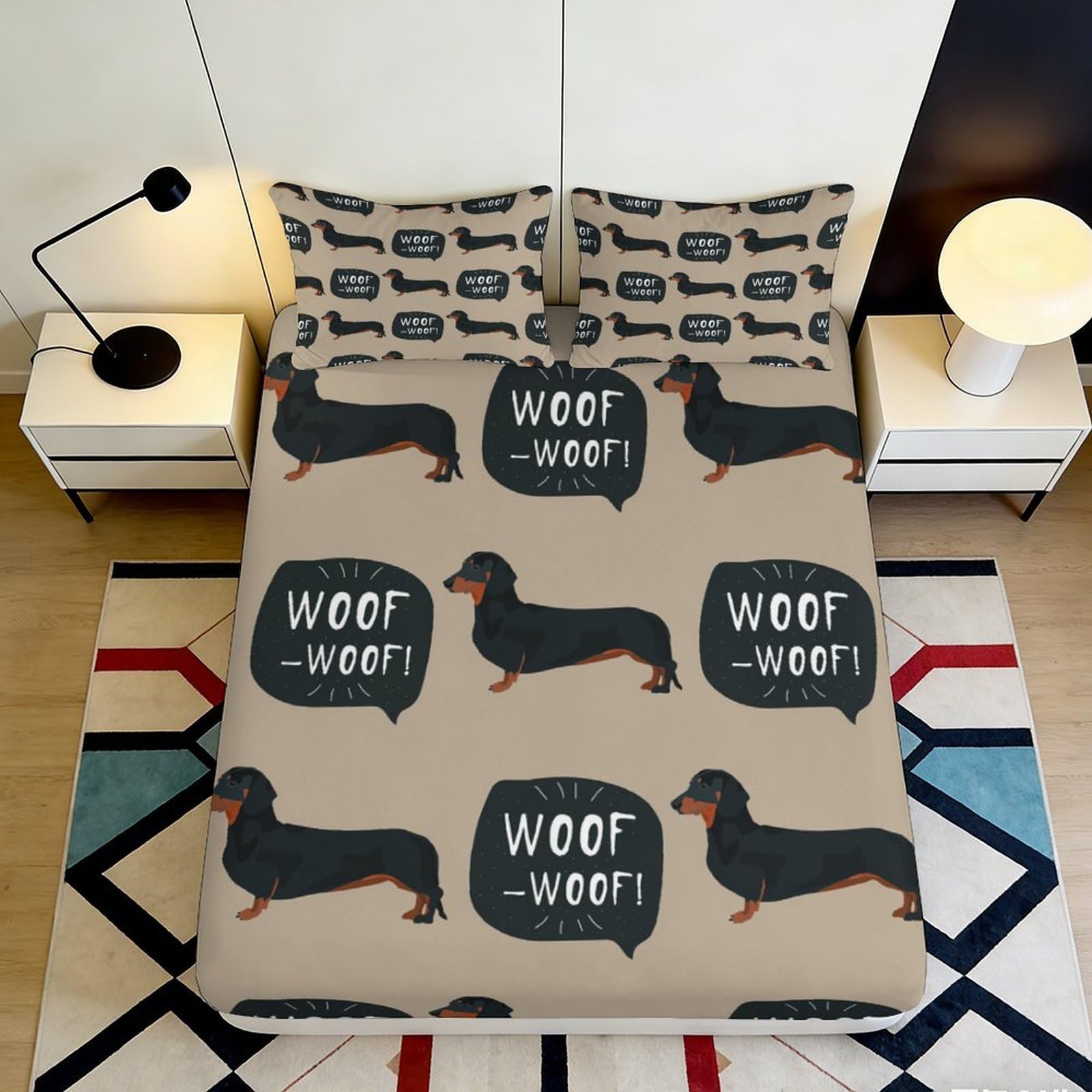 3D Printed Dachshund Dog Fitted Sheet Microfiber Soft Breathable Woof Cartoon Bed Cover for Bedroom Dorm Decor 90x200x25cm