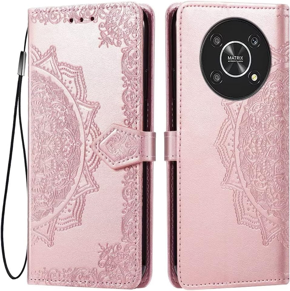 HONLEN Case for Honor Magic4 Lite 5G Mobile Phone Case 6.81 Inch Premium PU Leather Wallet Magnetic Closure Flip Case with 3 Card Slots Mandala Pattern Case Rose Gold