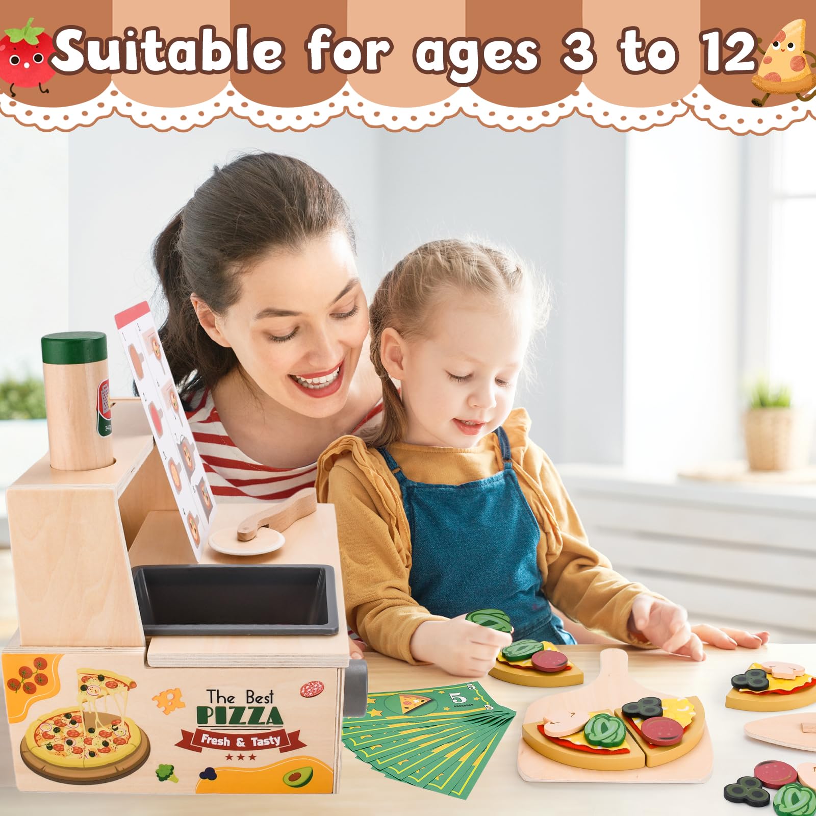 JOYBOY Pizza Giocattolo in Legno,Set Pizza in Legno,Set da Gioco per Pizza,Giocattolo Educativo per L'apprendimento Playset in Legno con Forno,Regalo di Compleanno di Natale per 3 4 5 6 Anni