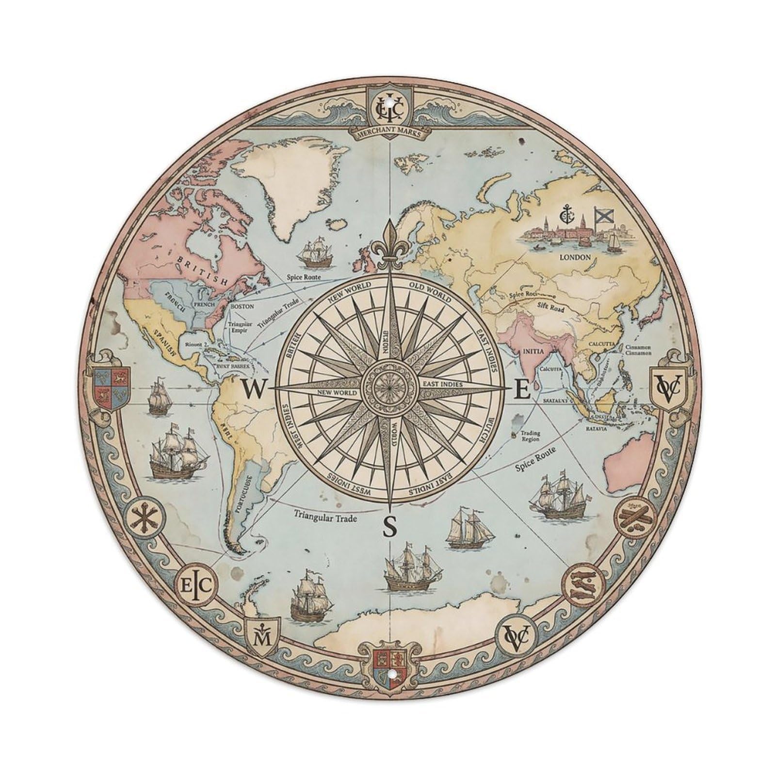 Vintage Nautical Compass World Map Territory Chronicle Metal Tin Sign