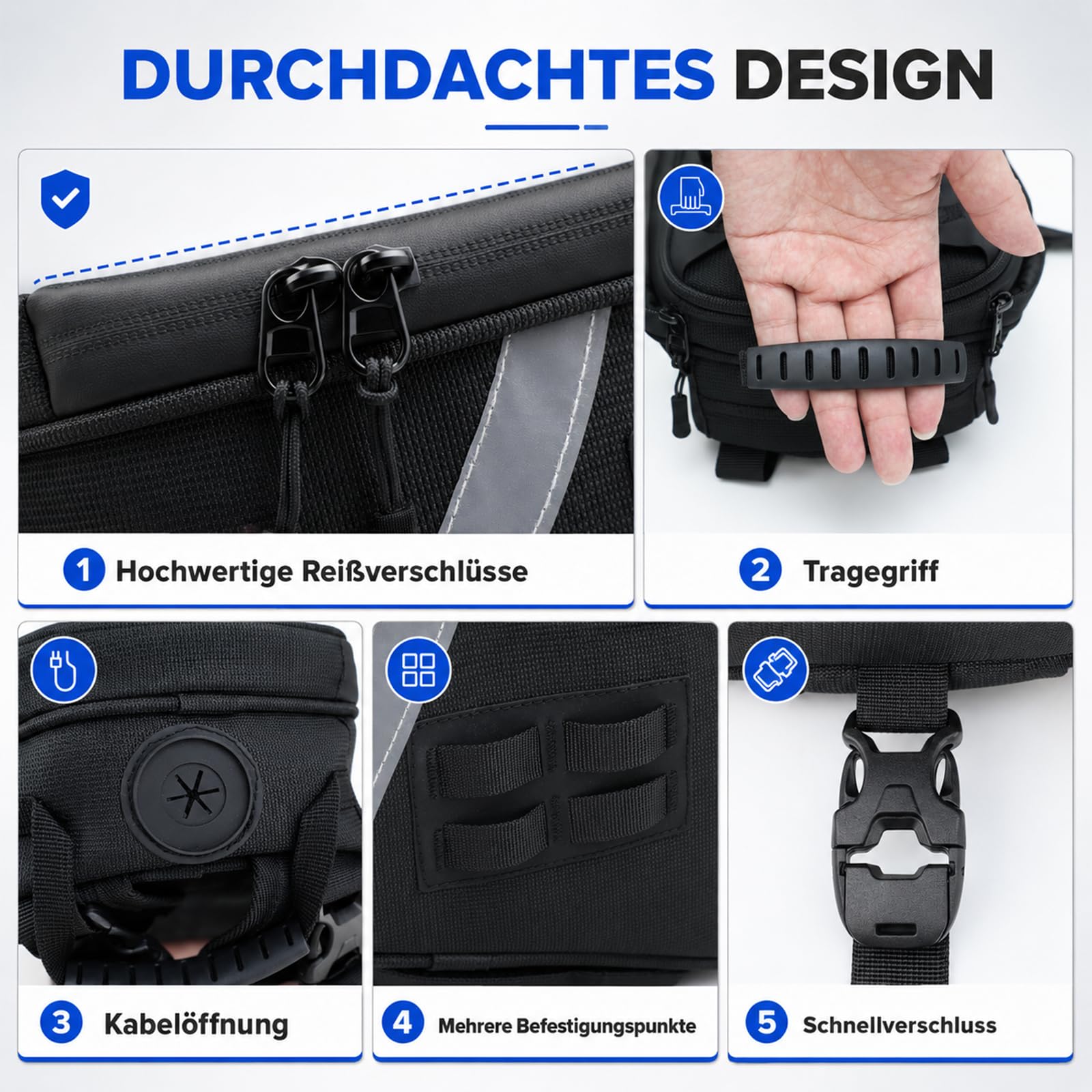Zaino da serbatoio per moto, 5 l, multifunzione, con cinghie regolabili, borsa per serbatoio con parapioggia, sistema MOLLE e strisce riflettenti, borsa a tracolla, borsa sul petto, nero