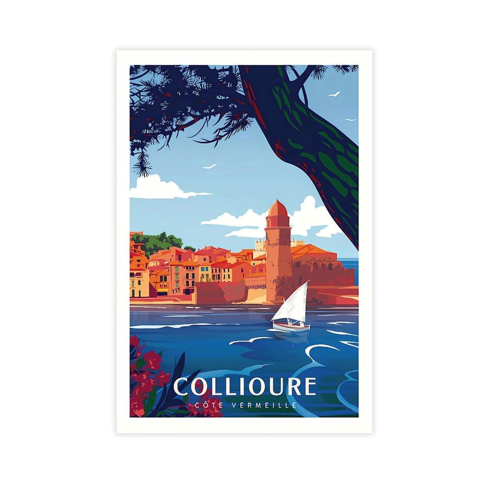 QNVJQKDSI Collioure Côte Vermeille Travel Vintage Canvas Poster Wall Art Decor Print Picture Paintings for Living Room Bedroom Decoration 16" L X 24" W