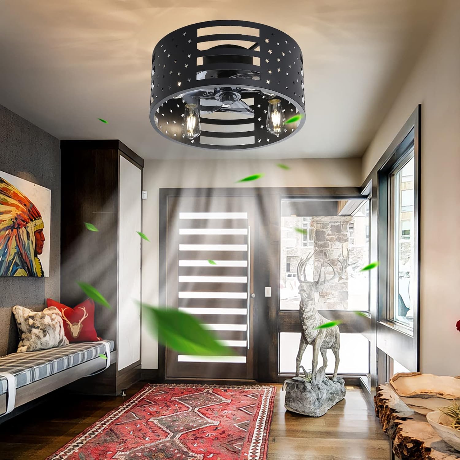 YUEGOO Ceiling Fans with Lamps,6 Speed Reversible Timer Ceiling Fans with Lights and Remote Silent Industrial Black Adjustable 3 Color Temperature Ceiling Fan with Lighting for Living Room/K