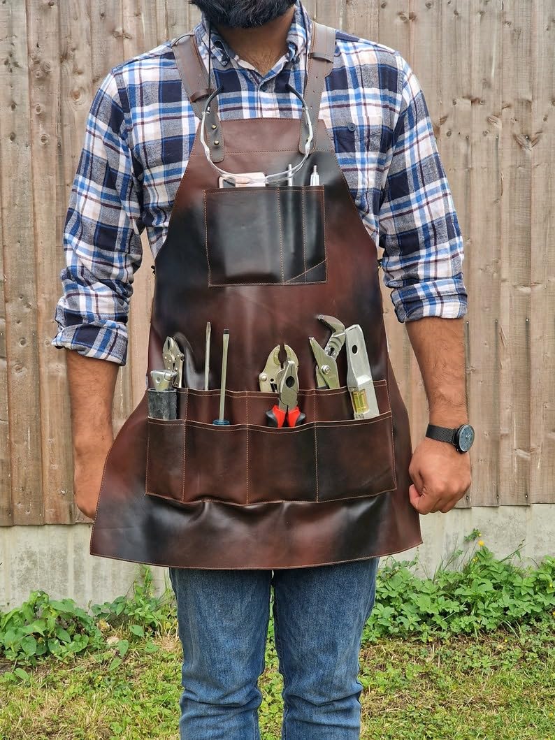 Leather Tool Working 12 Pocket Tool Apron | Unisex Leather Cross Body Back Straps Adjustable | Woodworking | Gardening Apron