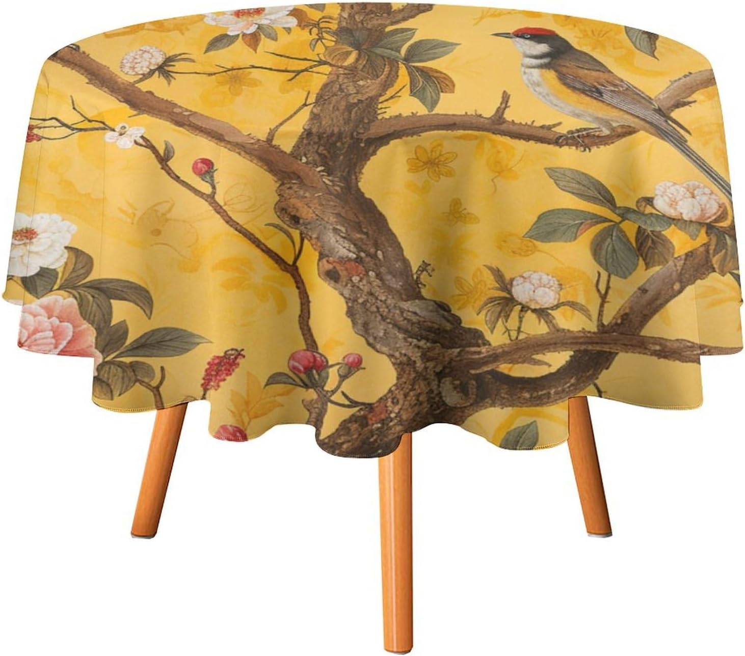 Retro Rustic Bird Round Tablecloths, Asian Style Floral Leaf Nature Plants Washable Holiday Decor Table Cover for Kitchen, Dining, Party, 36Inch