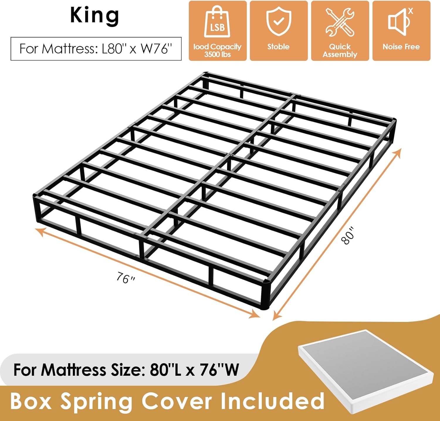 D&H FURNIMMT 7 Inch King Size Box Spring, Heavy Duty Metal Box Spring Bed Base with Fabric Cover, Mattress Foundation, Easy Assembly, Noise Free（King）