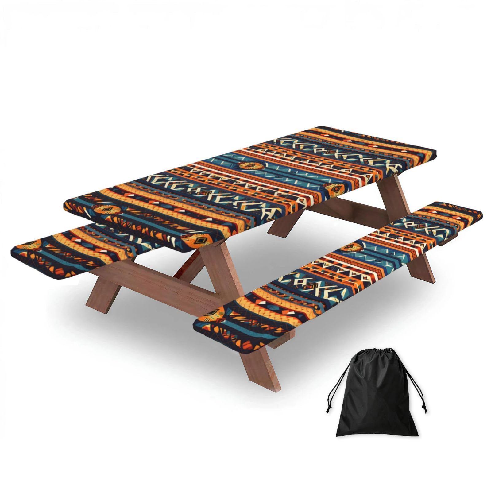 Zyjhyy Black African National Patterns Print Party Table Covers With Bench Covers Set Of 3 Picnic Table Cloth Wipe Clean For Garden Camping