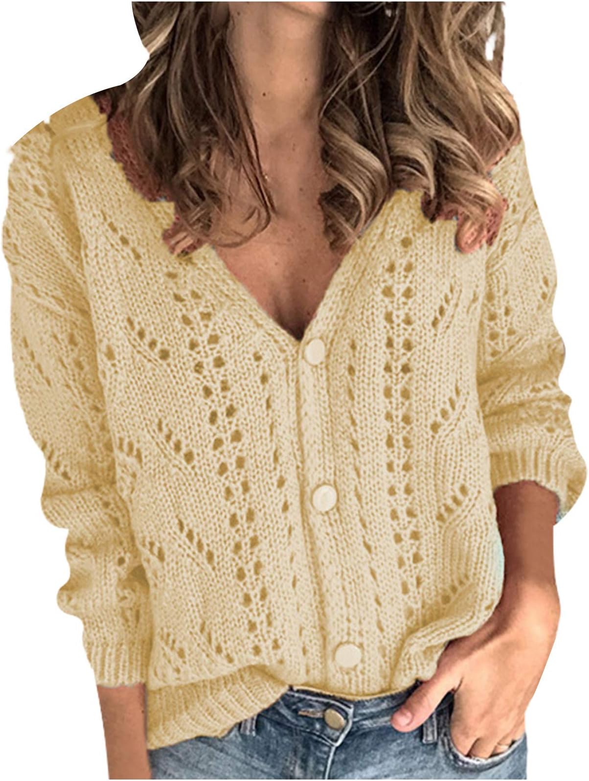 Angxiwan Long Sleeve Cardigans for Women UK Solid V-Neck Single-Breasted Buttons Hollow Out Cardigan Sweater Womens Lightweight Cardigan Waterfall Cardigans