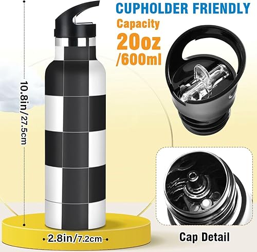 Miniatura 2 de Botella de agua para niños con patrón a cuadros blancos y negros a prueba de fugas y sin BPA con tapa con popote que mantiene el calor y el frío,