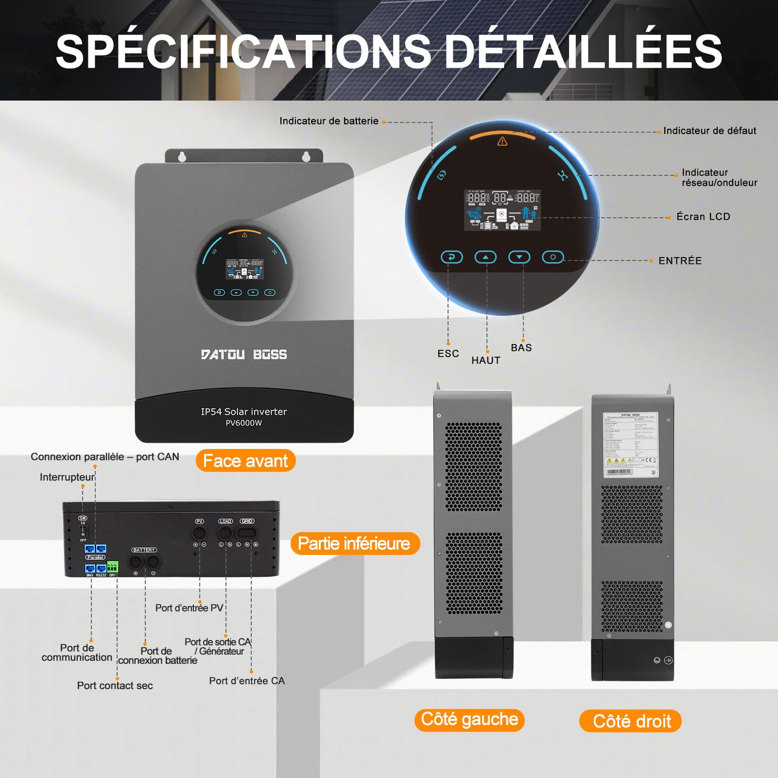 DATOUBOSS Onduleur Solaire Hybride 6000W 48V Pure Sinus, Champ PV jusqu'à 8000W, Régulateur MPPT intégré 120A, Protection Contre la Foudre et l'eau, Compatible avec Batteries Lithium 48V (48V 6000W)