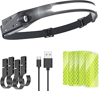 USB LED Rechargeable Headlamp with 5 Reflective Stickers, 4 Helmet Clips. 5 Modes up to 350 Lumens Headlight with Stretcha...