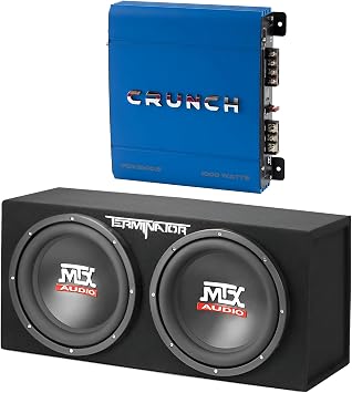 MTX 12-Inch 1200-Watt Car Audio Dual Loaded Subwoofer Box Enclosure & Crunch PowerDriveX 1000 Watt 2 Channel Exclusive Blue A/B Car Stereo Amplifier