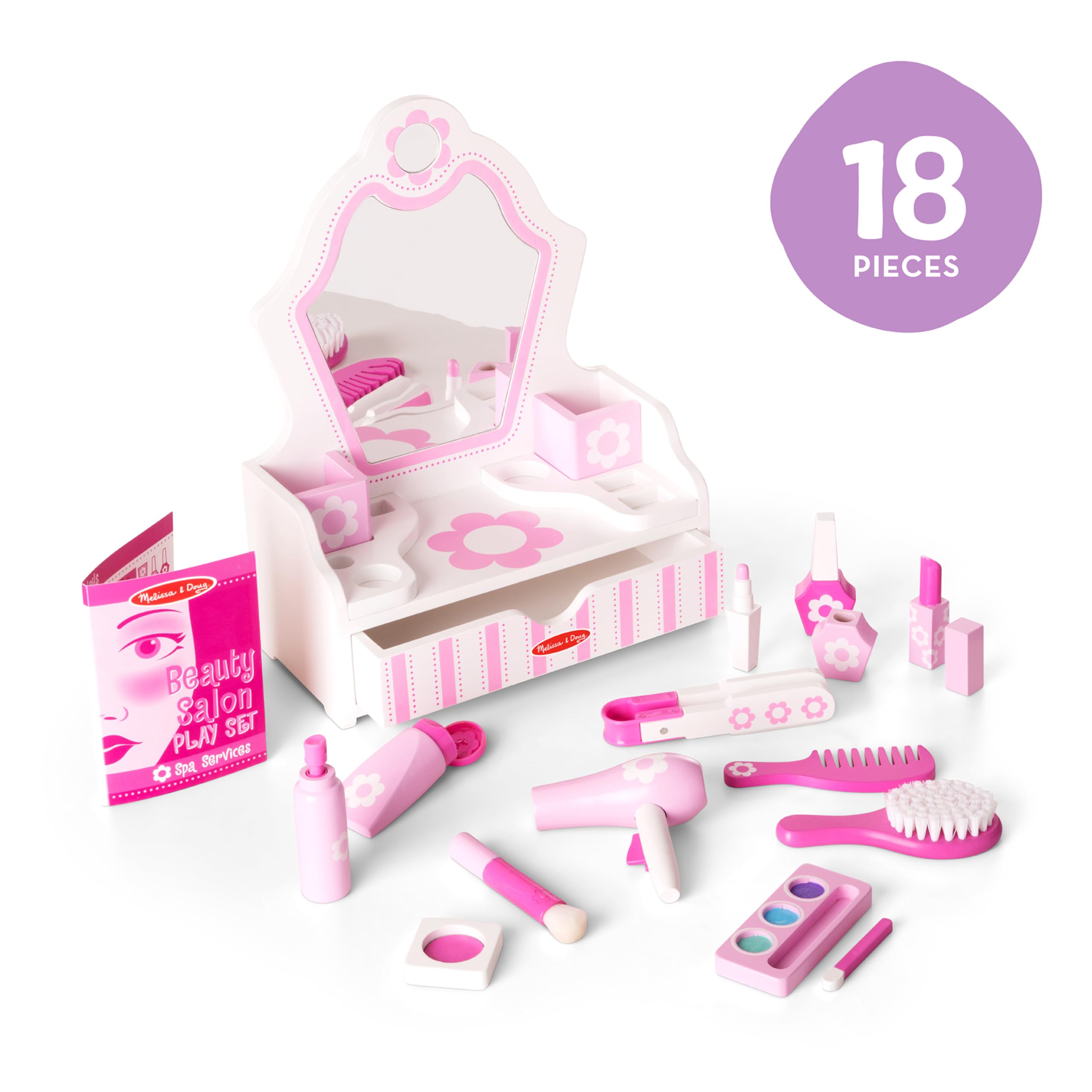 Melissa & Doug Wooden Beauty Salon Play Set with Vanity and Accessories (18 Pcs) Role Toy
