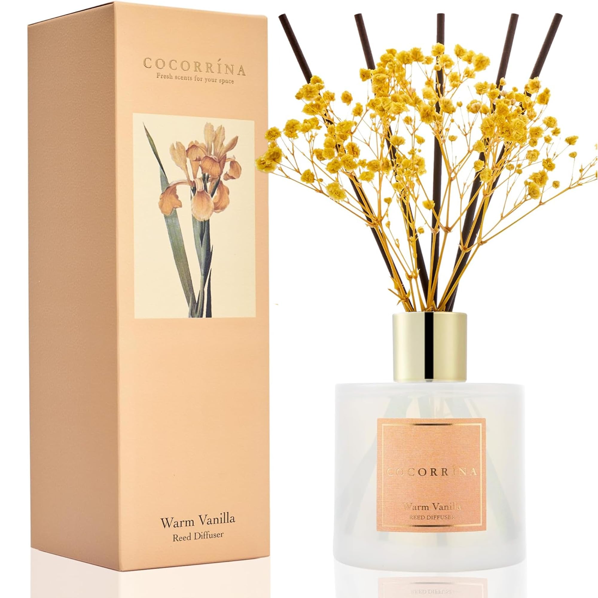 Cocorrína Reed Diffuser - Warm Vanilla Scented Diffuser with 8 Sticks Home Fragrance Reed Diffuser for Bathroom Shelf Decor