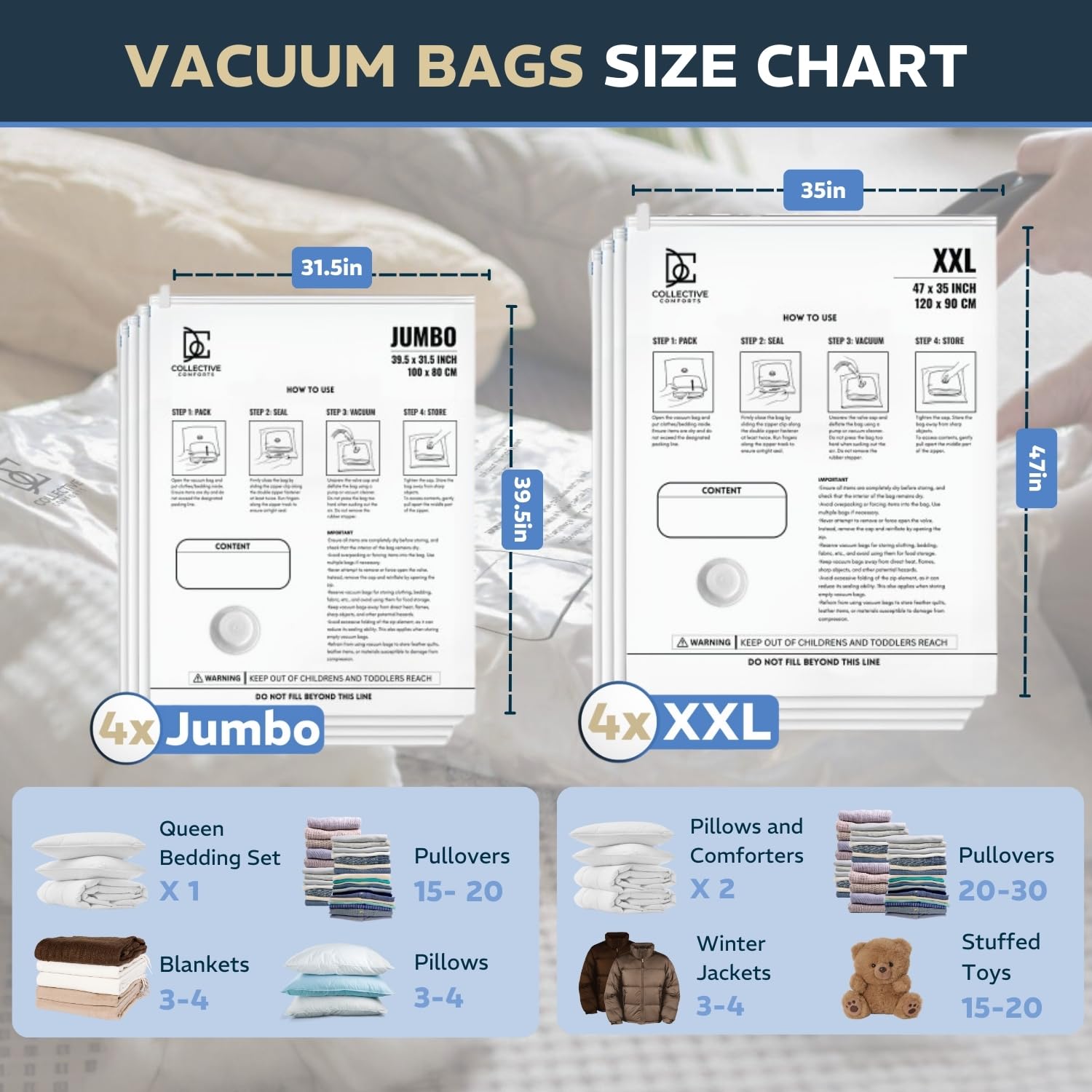 Space Vacuum Storage Bags Jumbo y XXL - Bolsas de sellado al vacío para ropa, viajes, ropa de cama, mantas, edredones y almacenamiento de juguetes | Bolsas grandes al vacío para