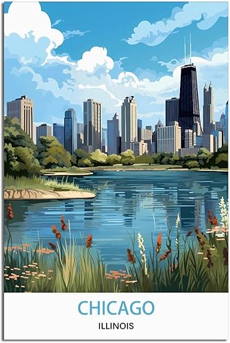 Pósteres de viaje vintage de Chicago Illinois, paisaje urbano, lago, 16 x 24 pulgadas (15.7 x 23.6 in), lienzo para decoración de pared, pósteres