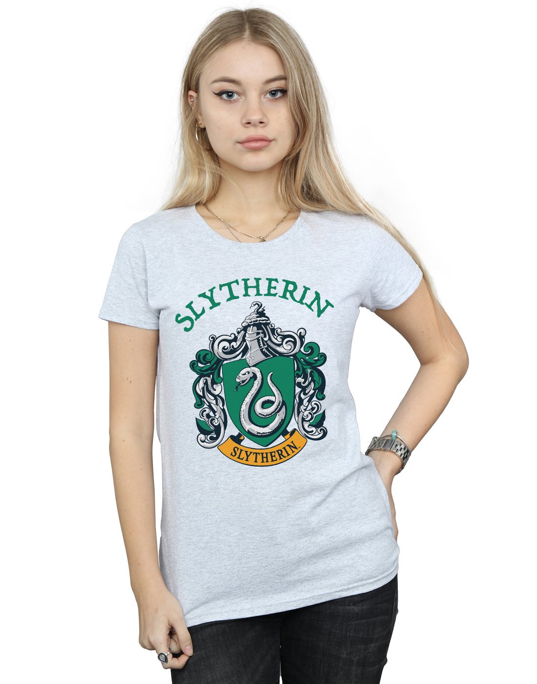 Harry Potter Women's Grey Slytherin Crest Cotton T-Shirt In Large