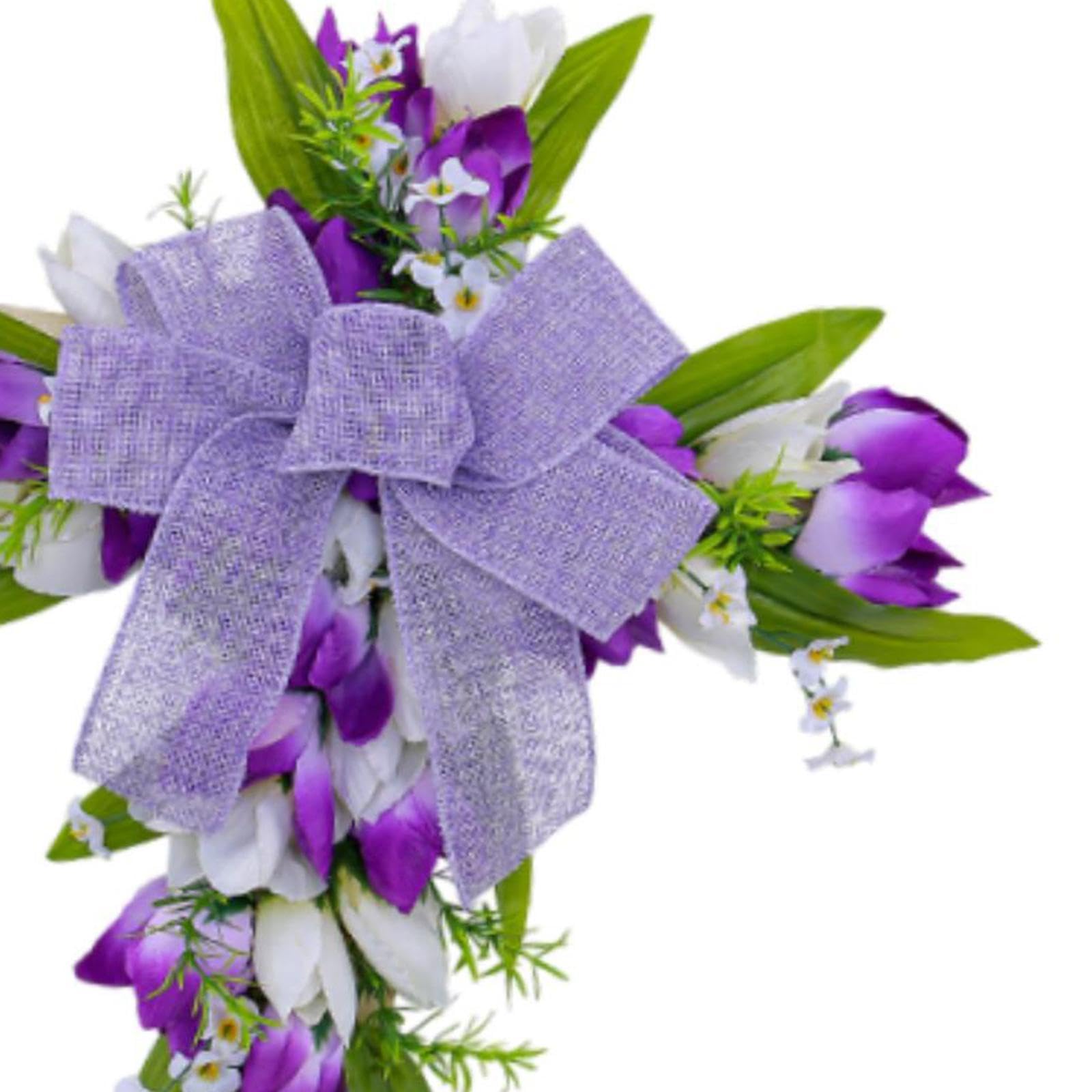 Ghirlanda Pasquale Croce con Fiocco Tessuto Artificiali Foglie Verdi Costruzione in PP E Legno Adatta a Decorazione Casa Tavolo, Fiori bianchi viola