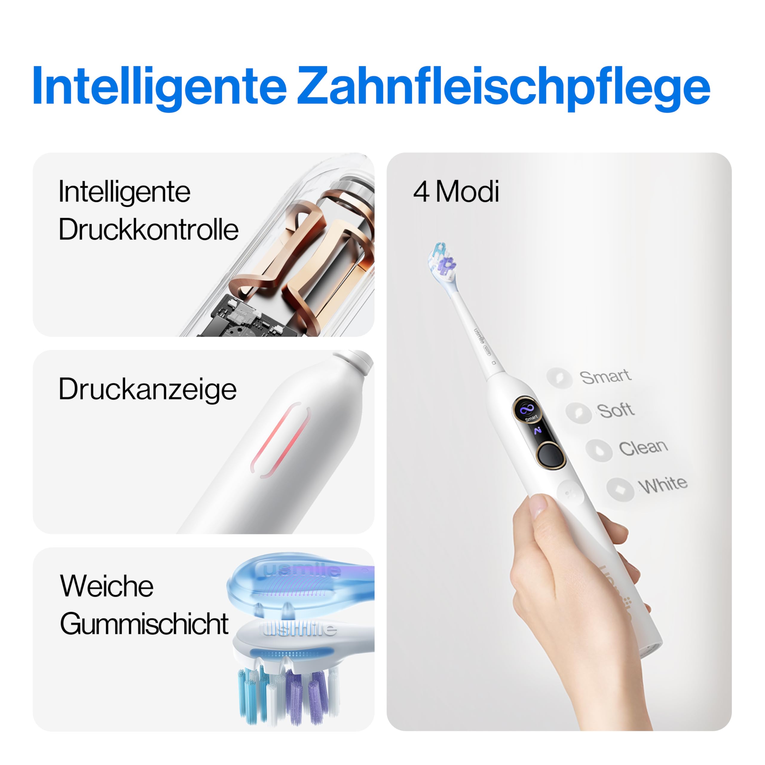 usmile Y10 PRO Schallzahnbürste mit Display, Drucksensor, 4 Modi, 180 Tage Akku, IPX8, erkennt ungeputzte Stellen, reisetauglich, inkl. 2 Bürstenköpfe
