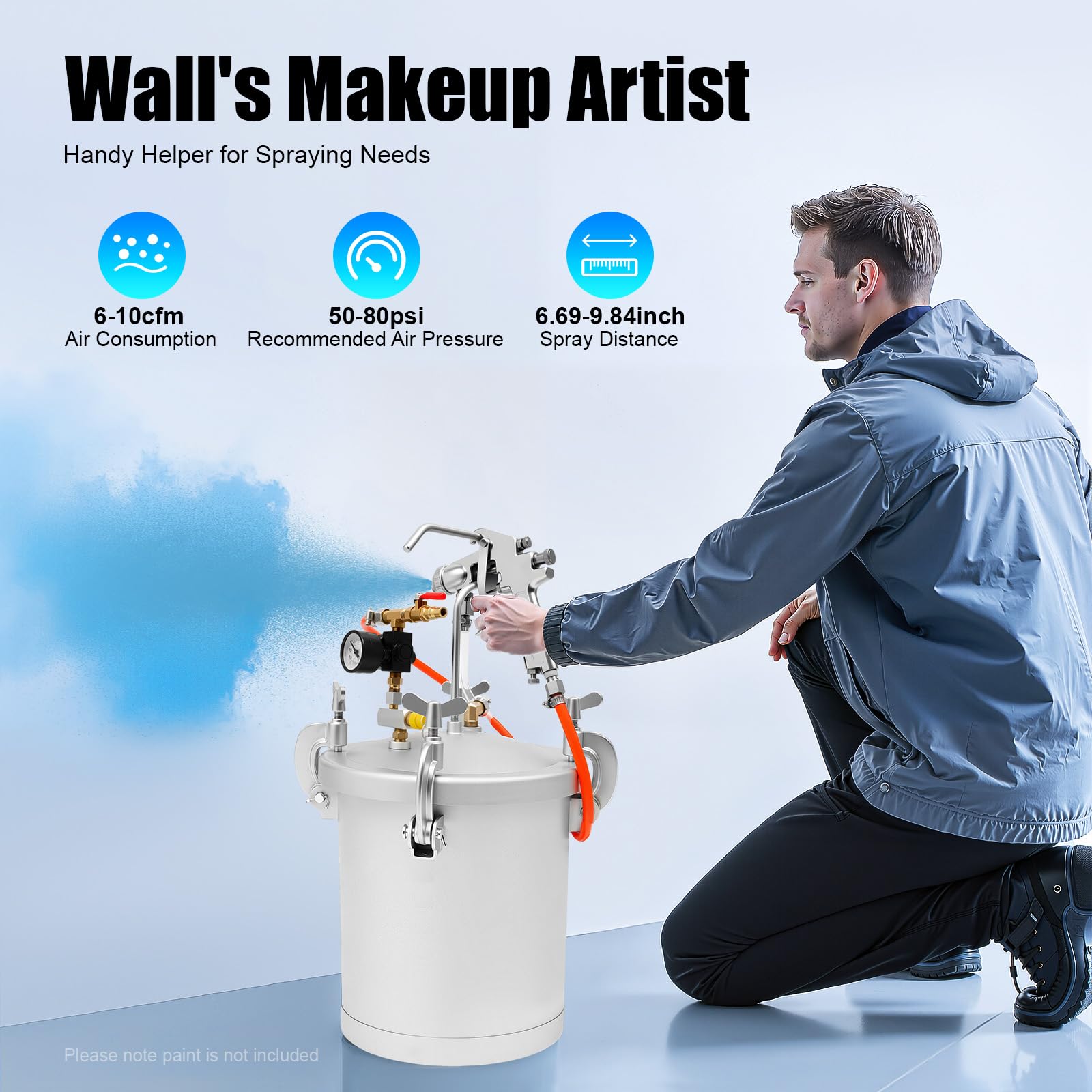Contenitore a pressione 10 l con pistola a spruzzo per vernice, ugello da 3 mm, sistema Air Paint Spray per pittura da parete e vernici industriali, pressione regolabile con manometro e valvola di