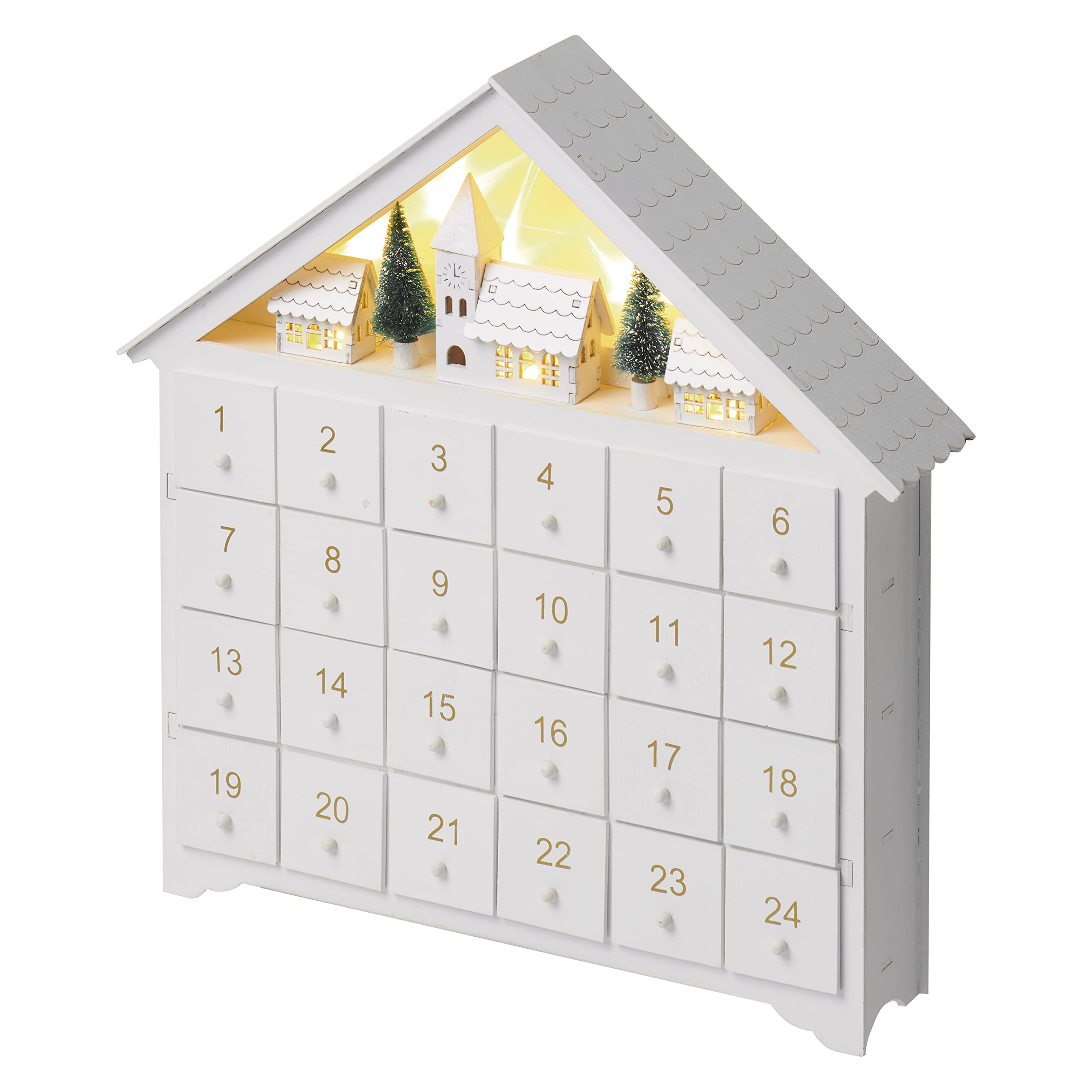 EMOS Calendario de Adviento luminoso de madera, con minicaja y pueblo de invierno, 8 ledes de luz blanca cálida, decoración navideña, IP20 para interiores, vida útil de 10.000 horas, temporizador de