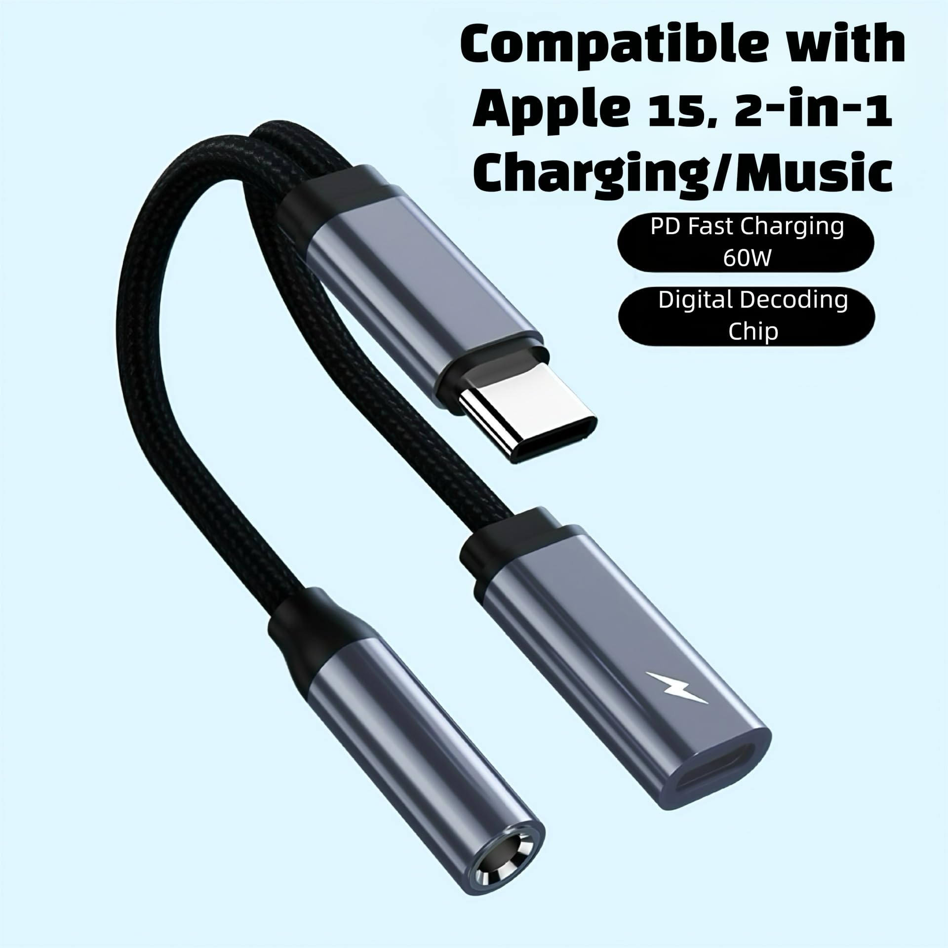 Adaptador de auriculares USB-C a 3.5 mm, carga rápida 2 en 1 y dongle de audio, color gris