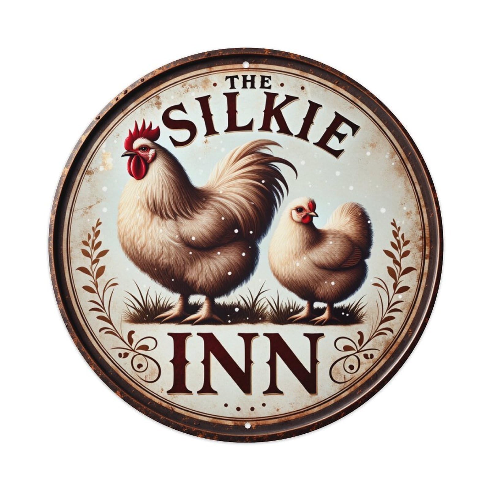 Silkie Chicken Rustic Sign Art Round Tin Sign Retro Metal Sign for Cafe Bar Pub Home Game Room Gym Club Wall Decoration Vintage Metal Poster 8x8 Inch