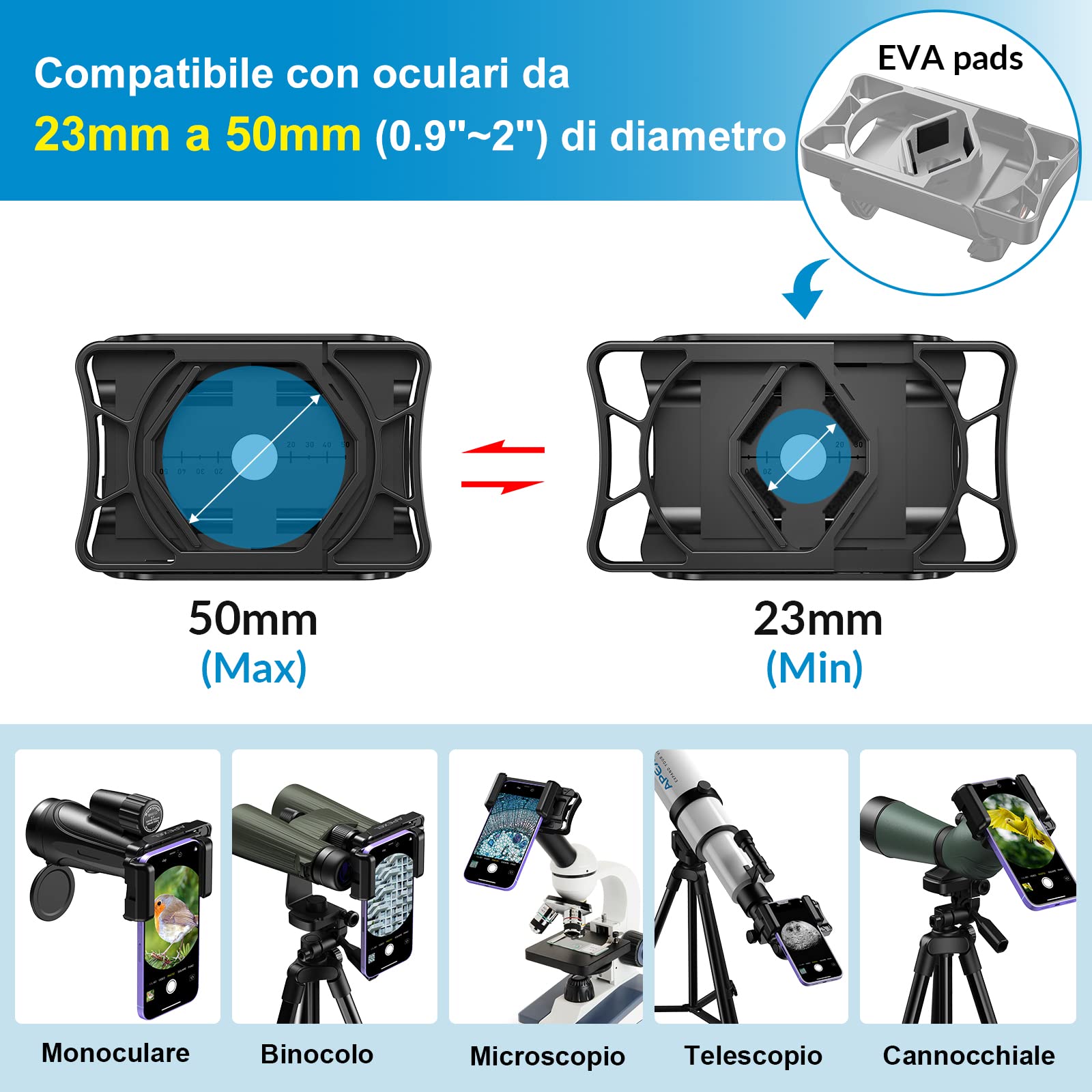 APEXEL Adattatore Universale per Smartphone con Telescopio con Bluetooth, Compatibile con Binocoli, Monoculare e Microscopi, Adattatore per Montaggio su Telescopio, Adatto a Tutti Gli Smartphone