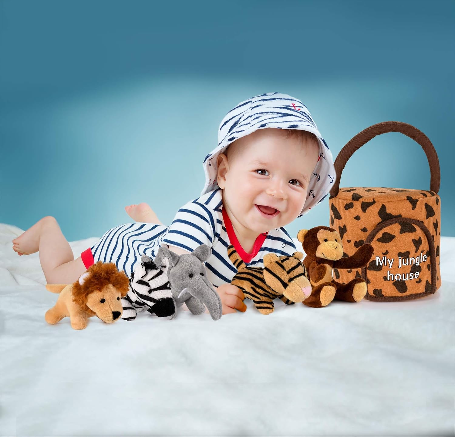 HAKOL Jungle Friends Talking Plushie Set - for 3 Year Old & up Boy & Girl Baby, Realistic Sounding Stuffed Animal Toys Babies, Toddlers & Children - Lion, Elephant, Tiger, Zebra & Monkey - Carrier