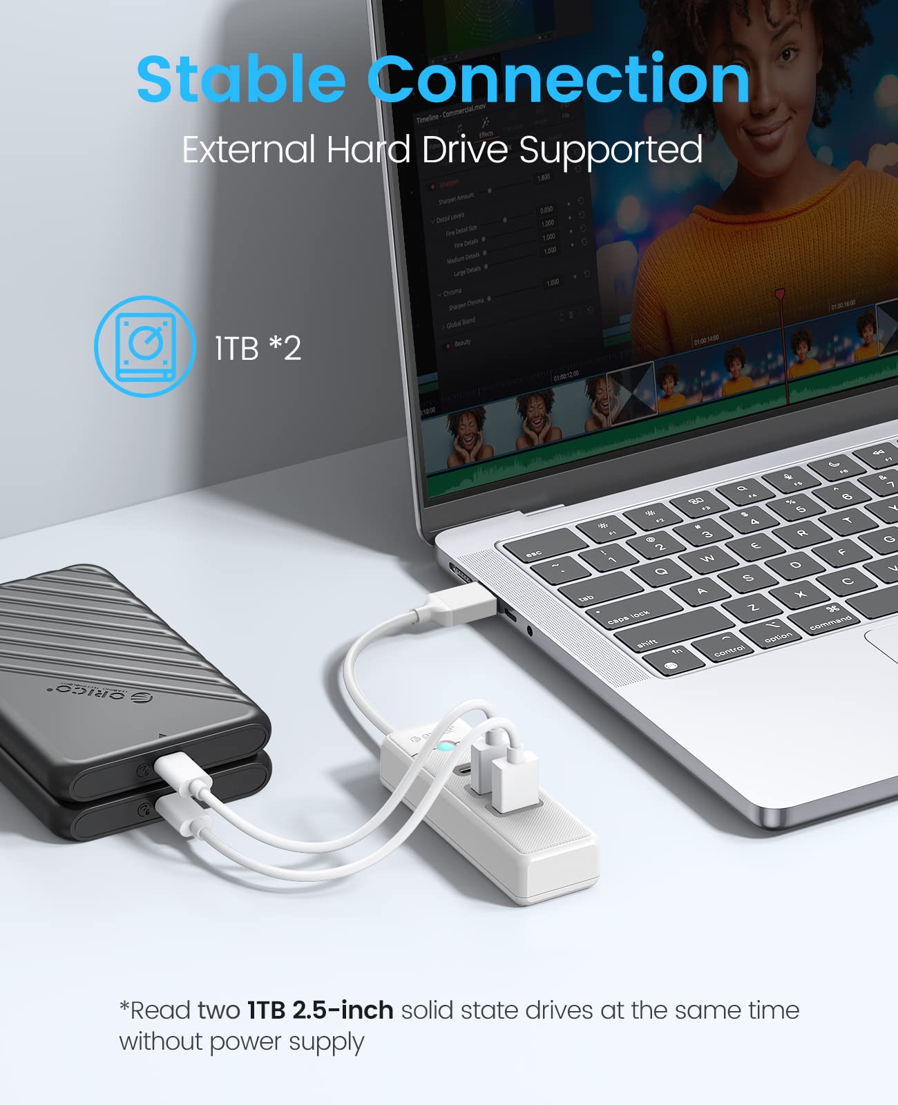 Hub USB C, ORICO 3 porte USB HUB 3.0 con 2 USB A, 1 tipo C per laptop con cavo da 0.15m, 5Gbps, Multi USB Adattatore compatibile con Mac OS 10.X e versioni successive, Linux, Android-Bianca