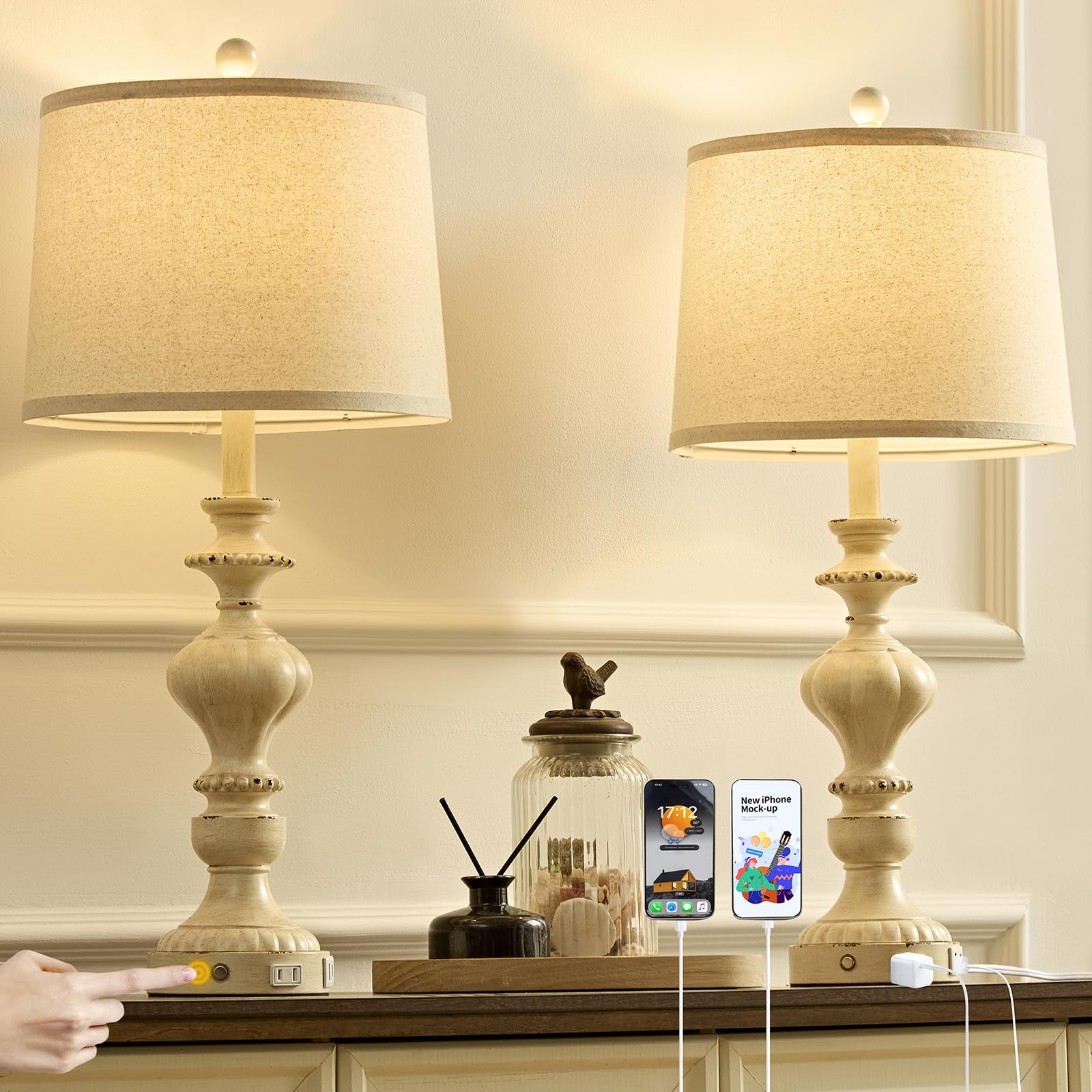 Photo 1 of SAIWEYA 27.5" Farmhouse Table Lamps Set of 2 Bedside Nightstand Lamp with USB C+A Ports & AC Outlet, 3 Way Dimmable Touch Lamps for Bedroom Living Room Office Hallway Rustic Traditional Lamp
