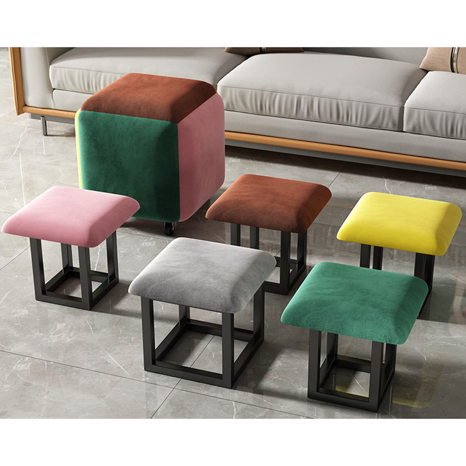 Ottomane Hocker 5 in 1 Stapelbarer Würfelstuhl, Stapelbare Hocker, Quadratische Bank aus Leder/Flanell, Fußhocker mit Rollen für Wohnzimmer, Esszimmer