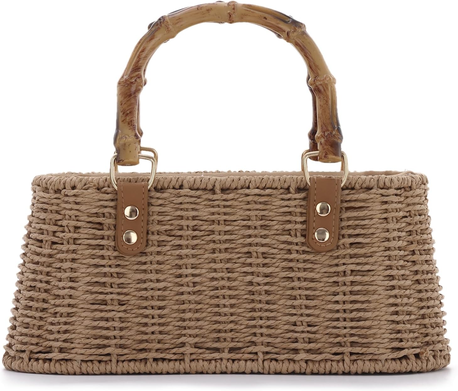 Oweisong Wicker Rattan Bag for Women Summer Beach Woven Straw Handbag | Bamboo Handle, Square Tote Bag, Basket Purse, for Vacation, with Chain