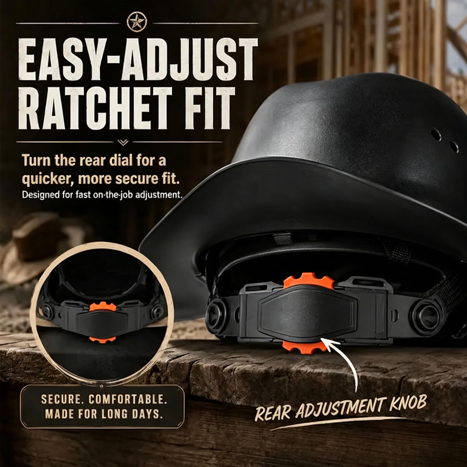 Arbeitsschutzhelm mit Cowboy Profil, belüfteter HDPE Schale, verstellbarer Innen Kinnriemen für Ranch und Baustelleneinsatz, Western Schutzhelm, belüfteter HDPE Schale, verstellbarer Kinnriemen