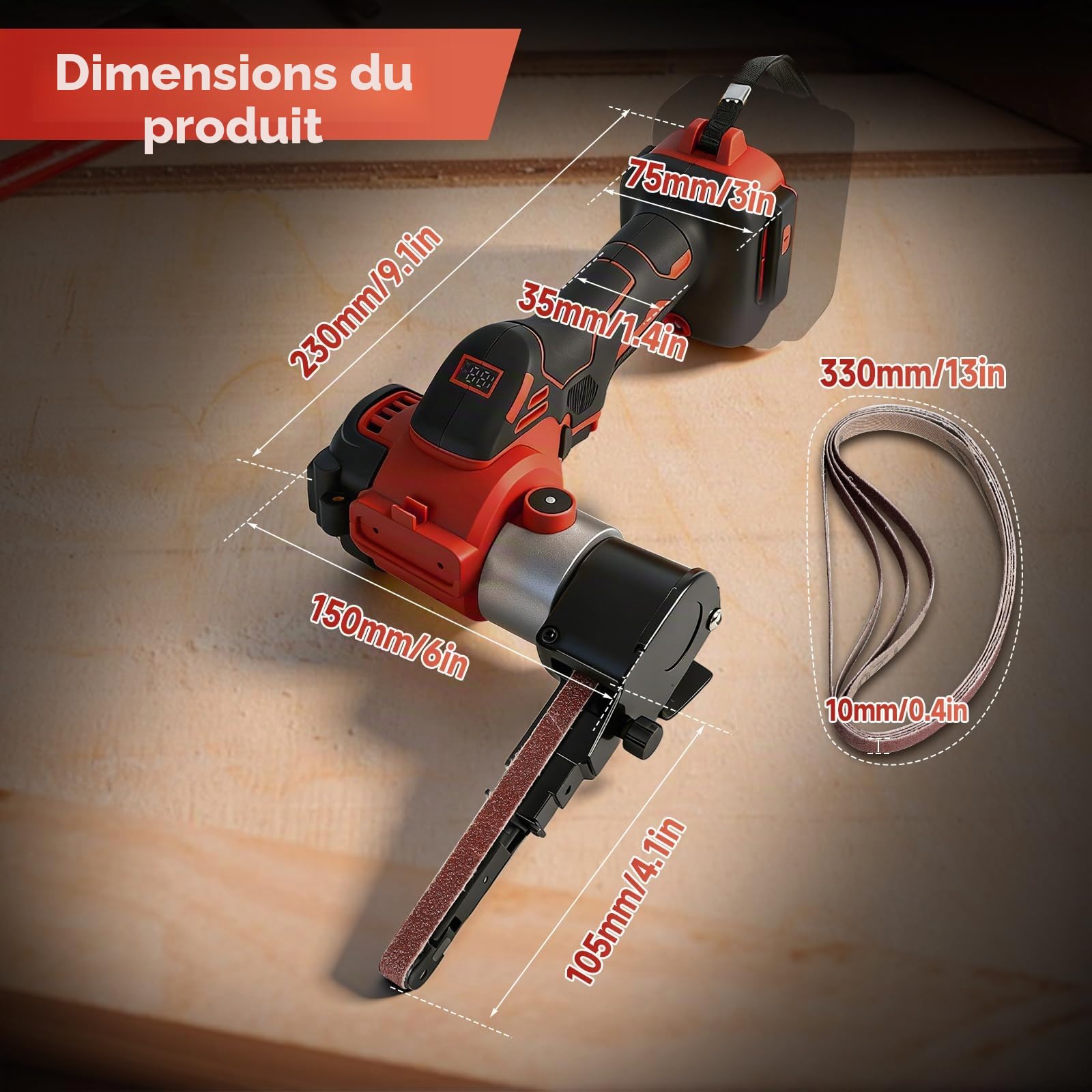 Ponceuse à courroie sans fil compatible avec la batterie Milwaukee M18, 0-13 000 tr/min, réglable à 360° sans balais avec 20 courroies abrasives pour bois, métal, plastique (rouge pour Milwaukee)