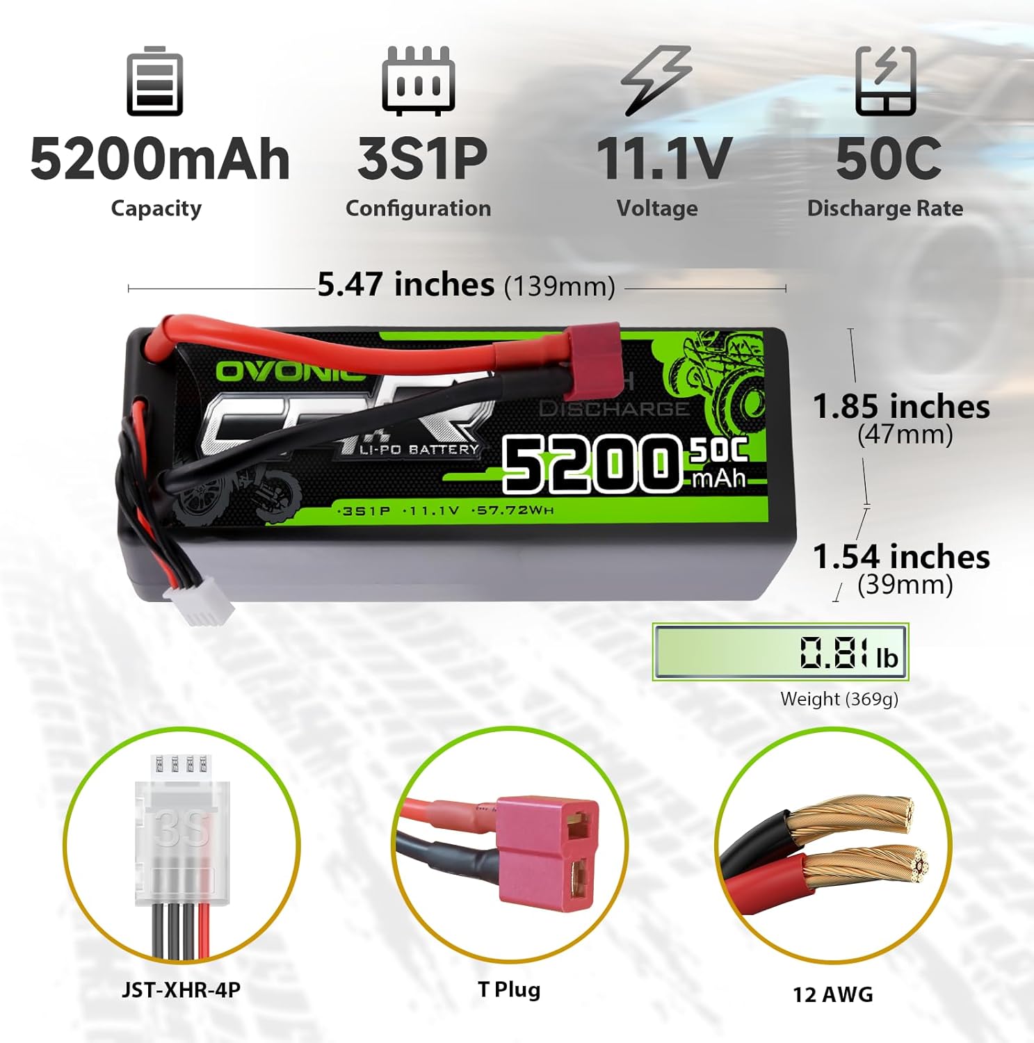 OVONIC 3s Lipo Battery 50C 5200mAh 11.1V Lipo Battery with Dean-Style T RC Car Truck Boat Airplane Helicopter Quadcopter