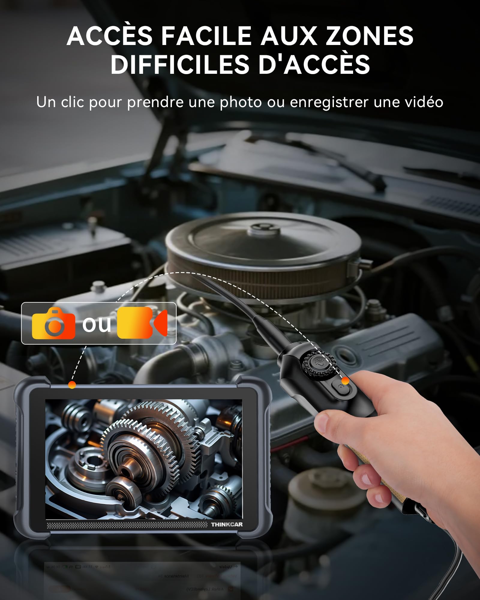 Caméra Endoscopique THINKCAR TES102 avec Éclairage, Endoscope HD de 0,21 Pouce avec 6 LED Réglables, Caméra Semi-Rigide Étanche IP67, Endoscope D'inspection avec Prise de Vue Instantanée en Un Clic
