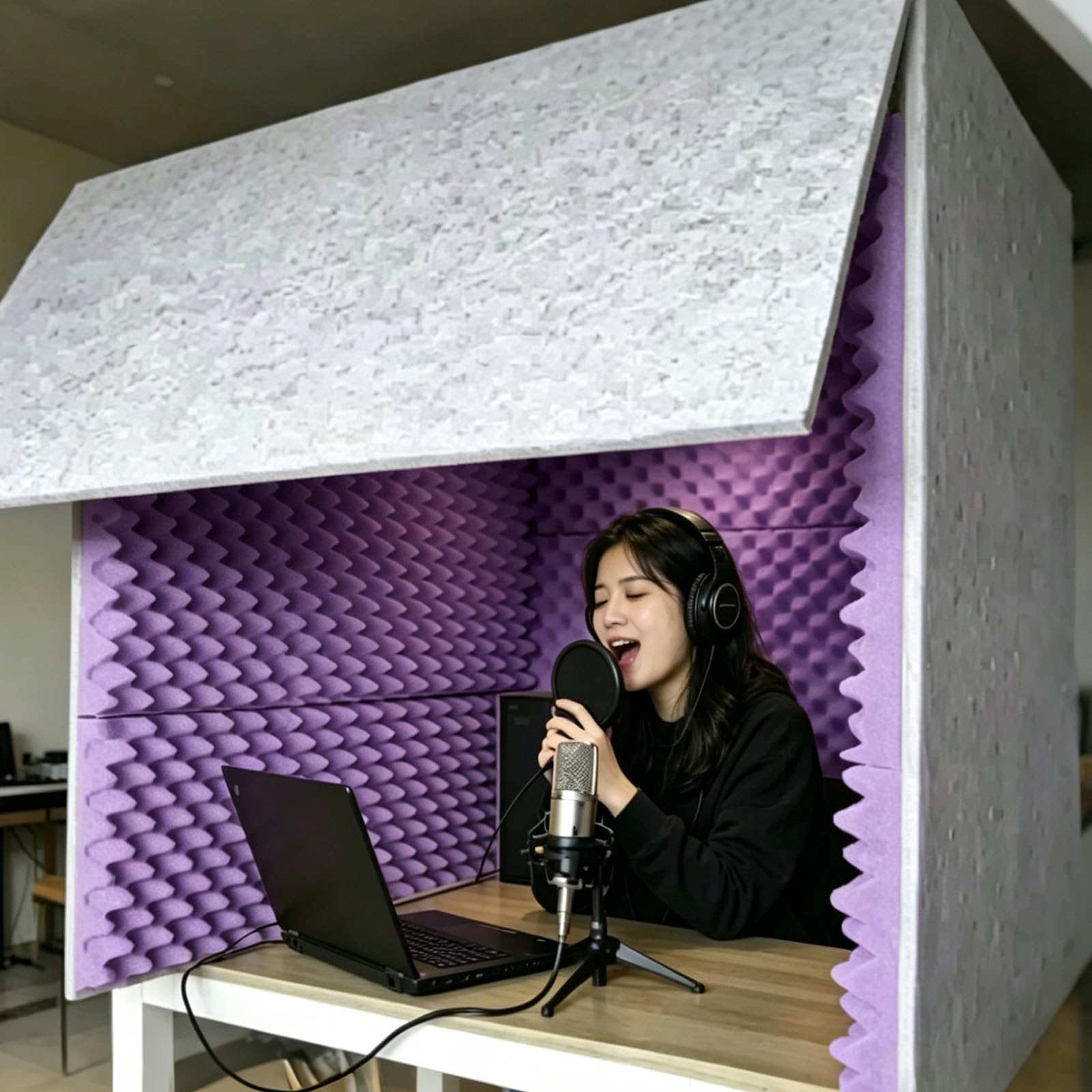 Studio di registrazione vocale portatile, Schiuma Assorbente Ad Alta Densità per Apparecchiature Di Registrazione Del Microfon, per Podcast,Vocal Audio Recording[Viola 60×60×60 cm]