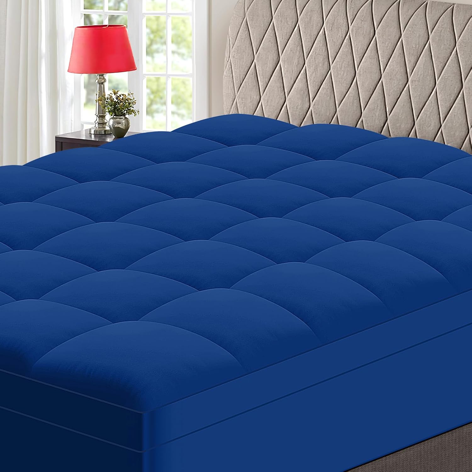 Mattress Topper King - Extra Thick Mattress Pad Cover - Pillow Top Deep Pocket with Breathable 7D Spiral Fiber Filling Cooling Mattress Cover,Navy