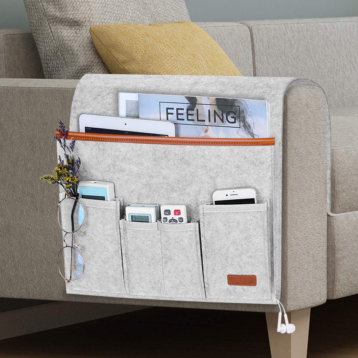 NAWOKEENY Sofa Armrest Organizer, Hanging Sofa Caddy Storage Bag with Long Flap and Hook, Sofa Remote Control Holder Bag with 5 Pockets for Magazine, Glasses, Tablet, Phone, Non-Slip (Light Grey)