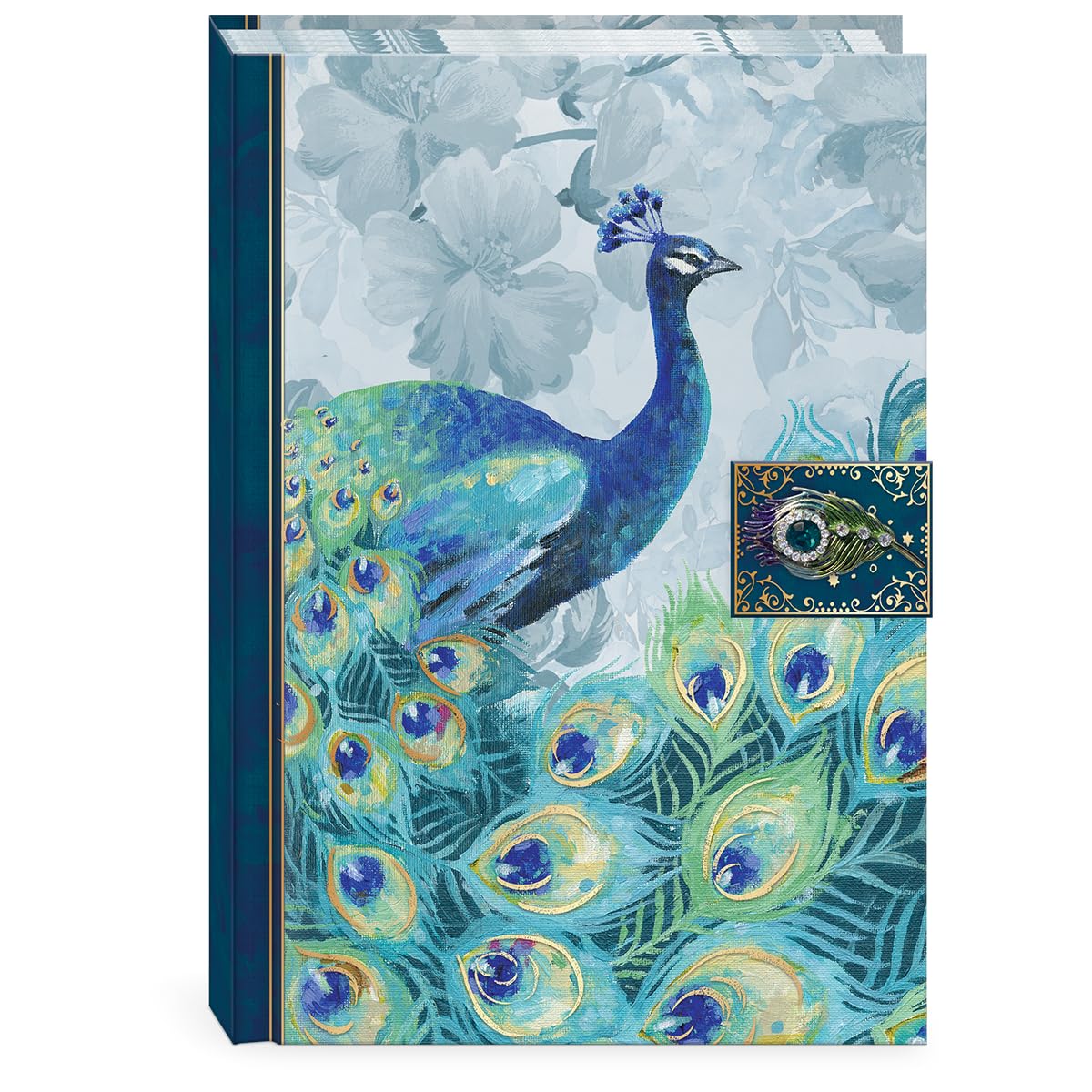 Punch Studio Journal with Brooch Embellishment and Magnetic Tab Closure, Emerald Peacock Design (46620)