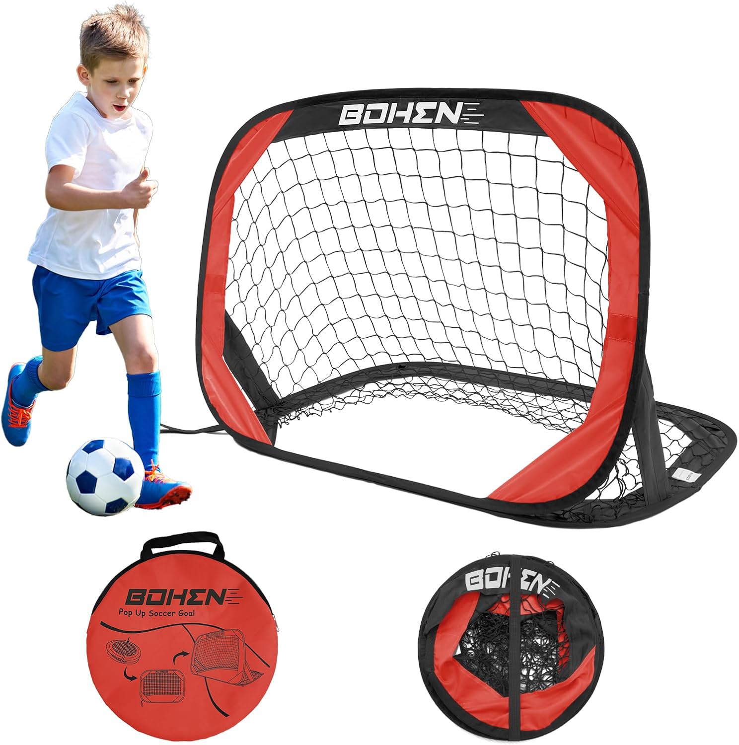 BOHEN Pop Up Soccer Goals for Kids-Foldable Portable Soccer Net for Outdoor Indoor Backyard Beach(3.3x2.2FT)