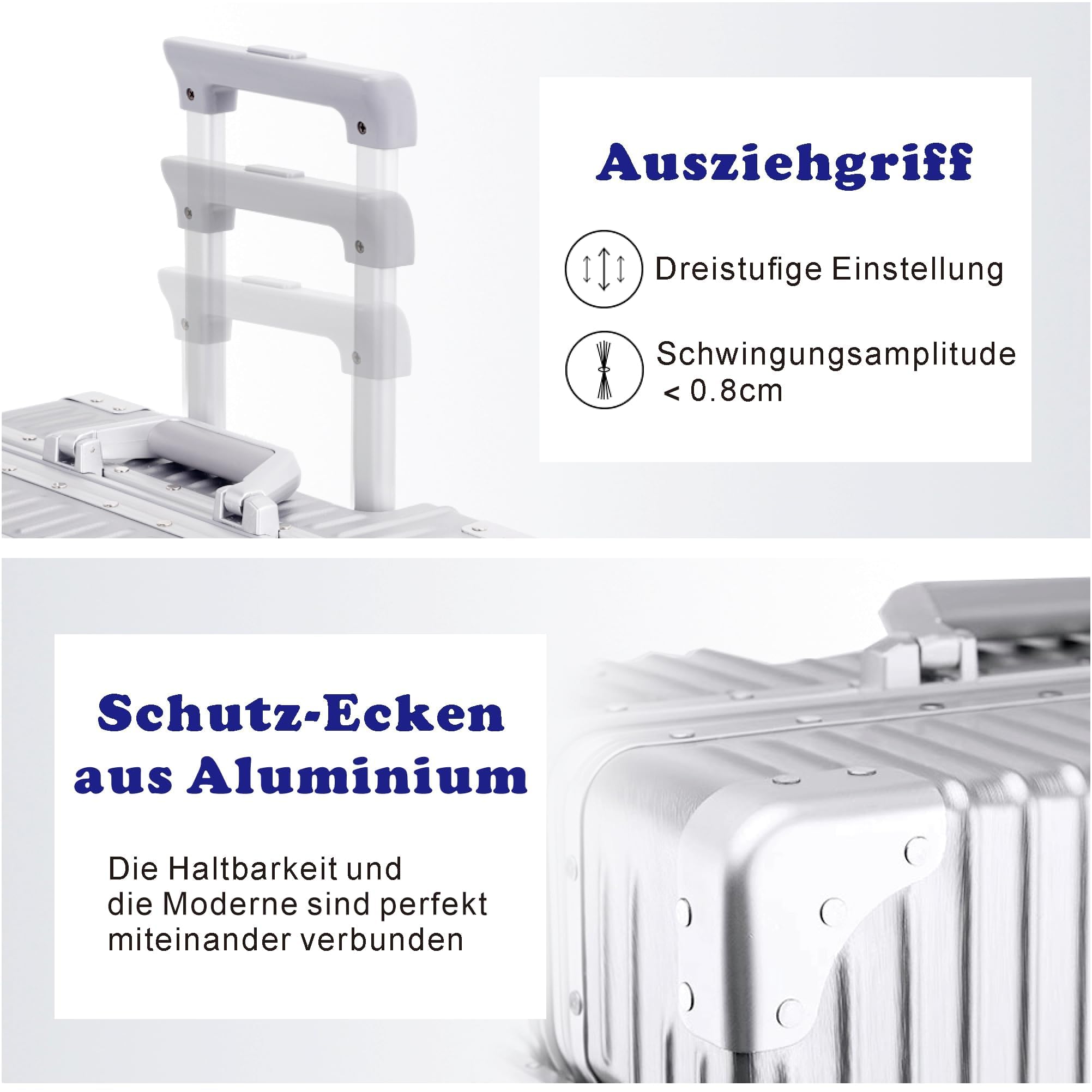Aoliwei Aluminiumrahmen Koffer S (55cm) Handgepäck – Leichter 100% PC Hartschalen-Trolley in Metall-Optik, 35L Business Reisekoffer mit TSA, 4 leisen 360° Rollen, Schwarz