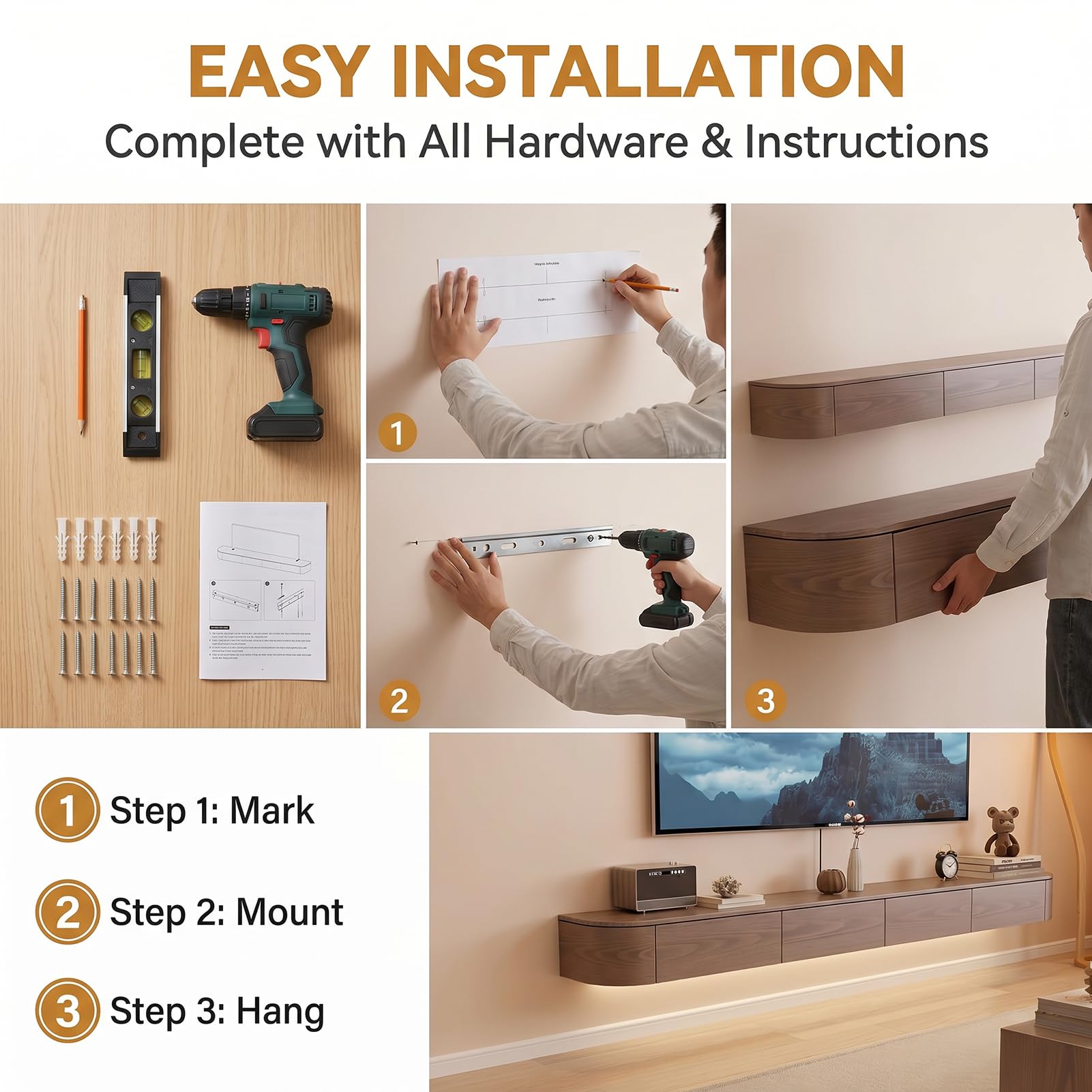 TV Lowboard hängend Braun 240 cm lang, Breite 30 cm – fertig montierter TV Schrank zur Wandmontage mit 2 Schubladen & 2 Türen, 2 seitlich öffnendes Seitenfach, für Wohnzimmer & Schlafzimmer