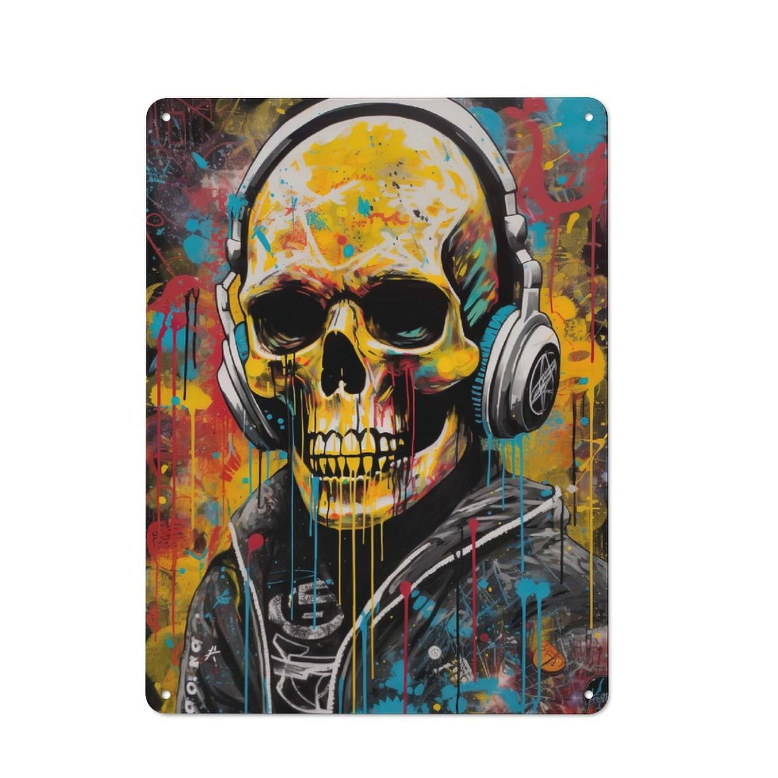 Junmoney Graffiti Skull Artwork Cottage Style Metal Wall Decor 40X30cm, Farmhouse Metal Sign For Dining Room, Cafe, Entryway Or Family Room