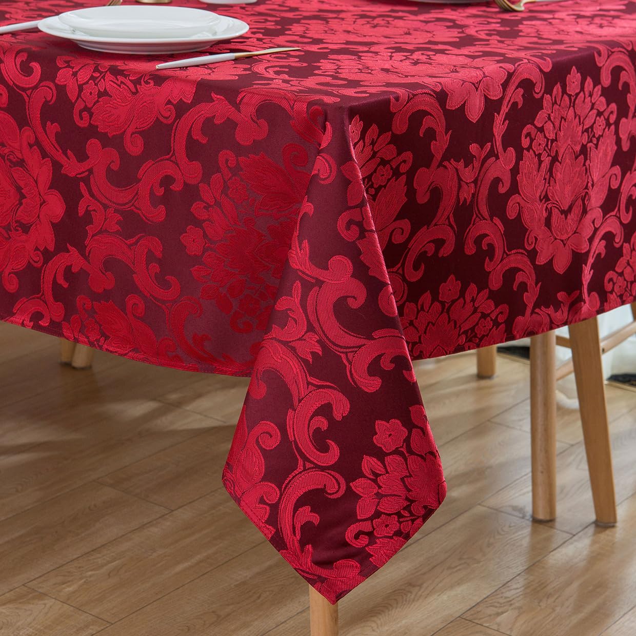 SPRICA Jacquard Tablecloth Rectangle 210x150cm Classic Flower Pattern Thick Heavy Weight Soft Table Cover, Machine Washable, Burgundy - Image 4