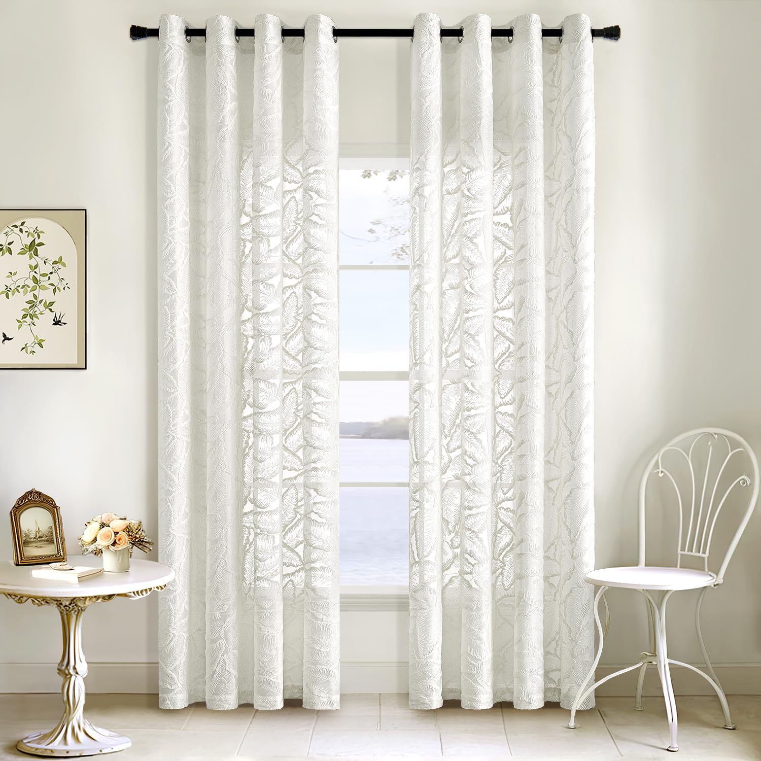 MIULEE Tende Ricamate a Foglie Trasparenti per Soggiorno e Camera da Letto - Eleganti e Moderne Con Occhielli, Set di 2 Pezzi 140X240 cm Bianco